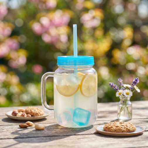 57160Q • Szívószálas pohár - kék - 4 db hűthető jégkockával, 550ml,  17 x 7.5 x 13.5 cm