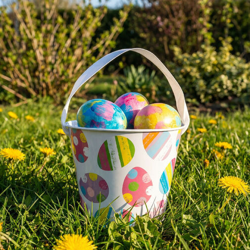 57973 • Húsvéti mintás kaspó / vödör - fém - szalagos fogantyú - Ø11,7 x 10 cm