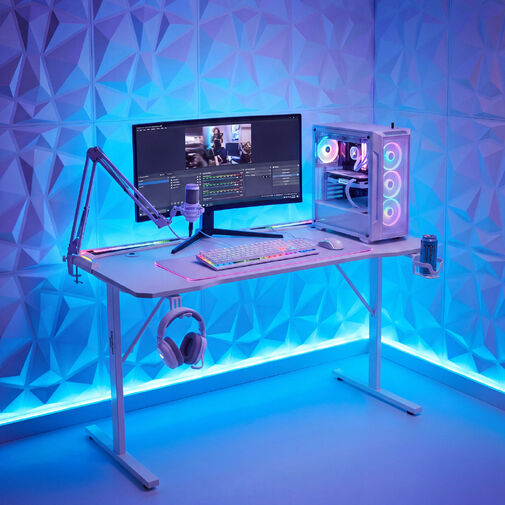 BMD1128WH • Gamer asztal - 120 x 60 x 75 cm - RGB LED, USB, pohártartó, fejhallgató tartó, szénszálas - fehér
