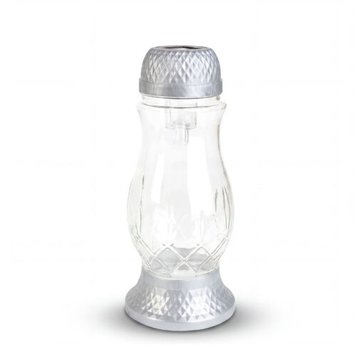 TW1022 • Napelemes üveg mécses műanyag kupakkal - 25 x 10 cm - ezüst - melegfehér LED